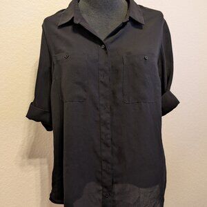WHBM Black Sheer Chiffon Button Down Blouse Shirt Size 6